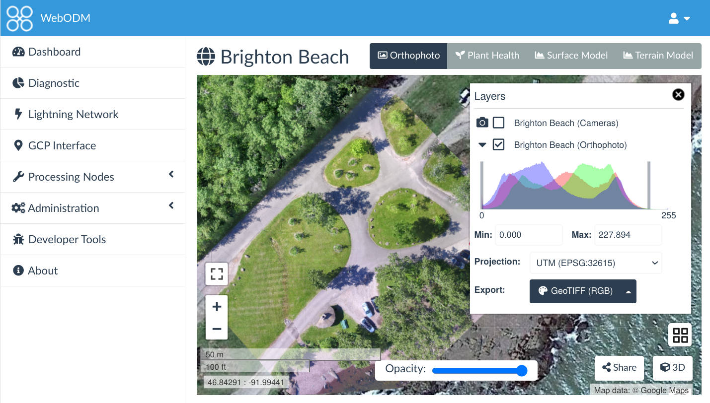 WebODM-Orthofotokaart mat Layer-Steierung a GeoTIFF-Export